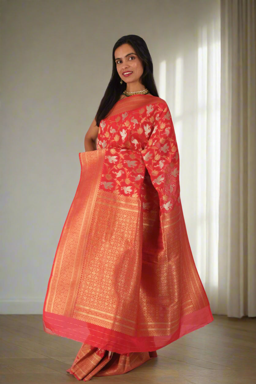 Red bird Print Chinnon Silk - Banarasi Saree