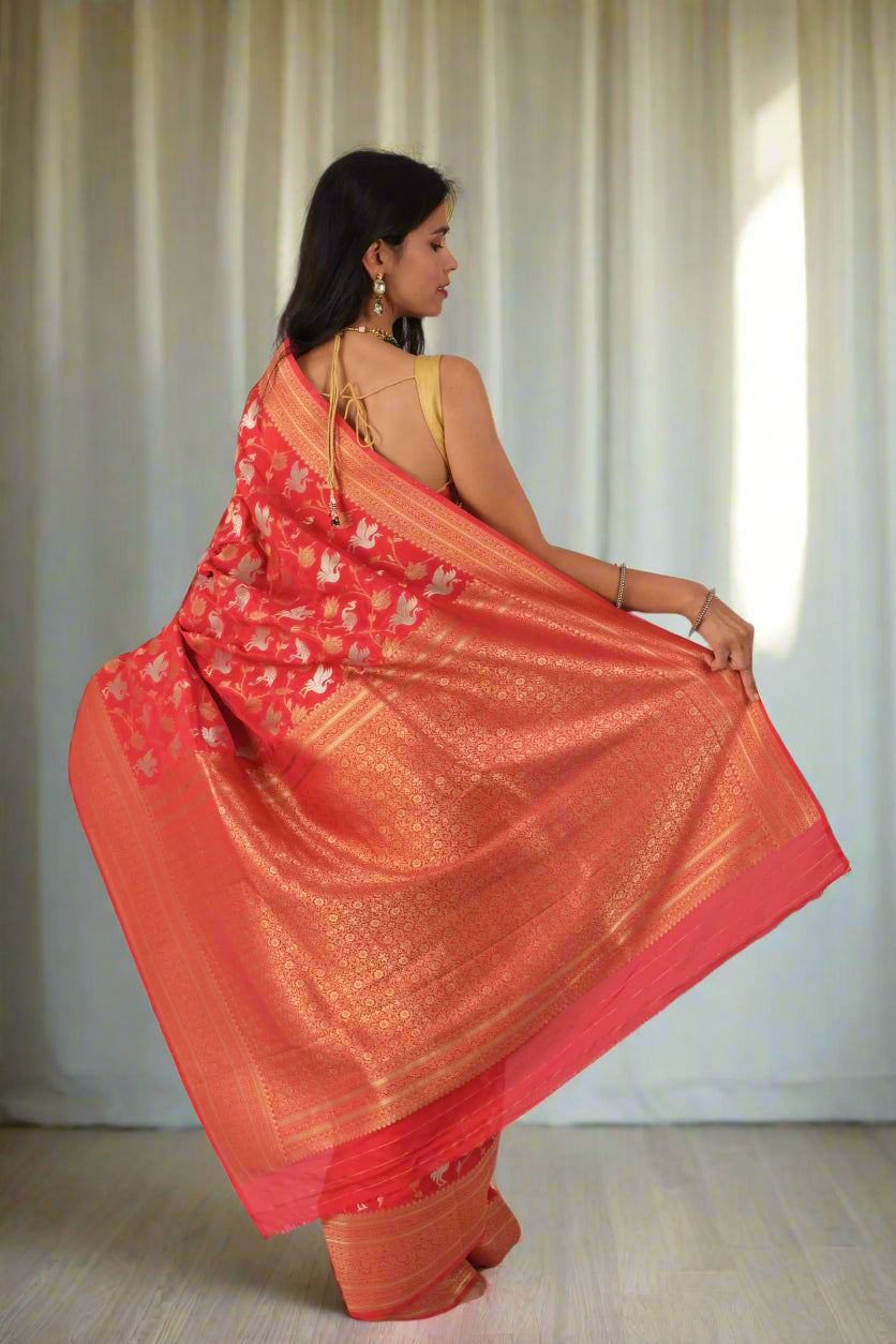 Red bird Print Chinnon Silk - Banarasi Saree