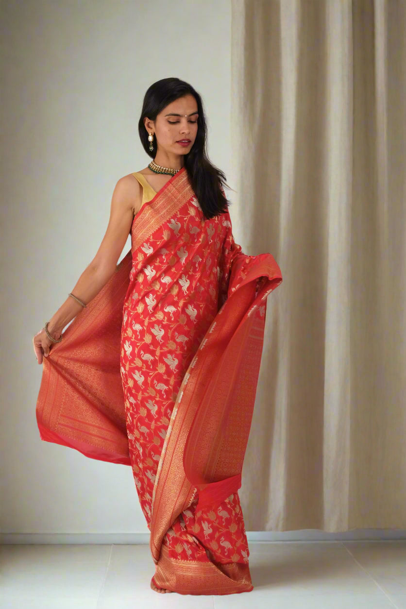 Red bird Print Chinnon Silk - Banarasi Saree