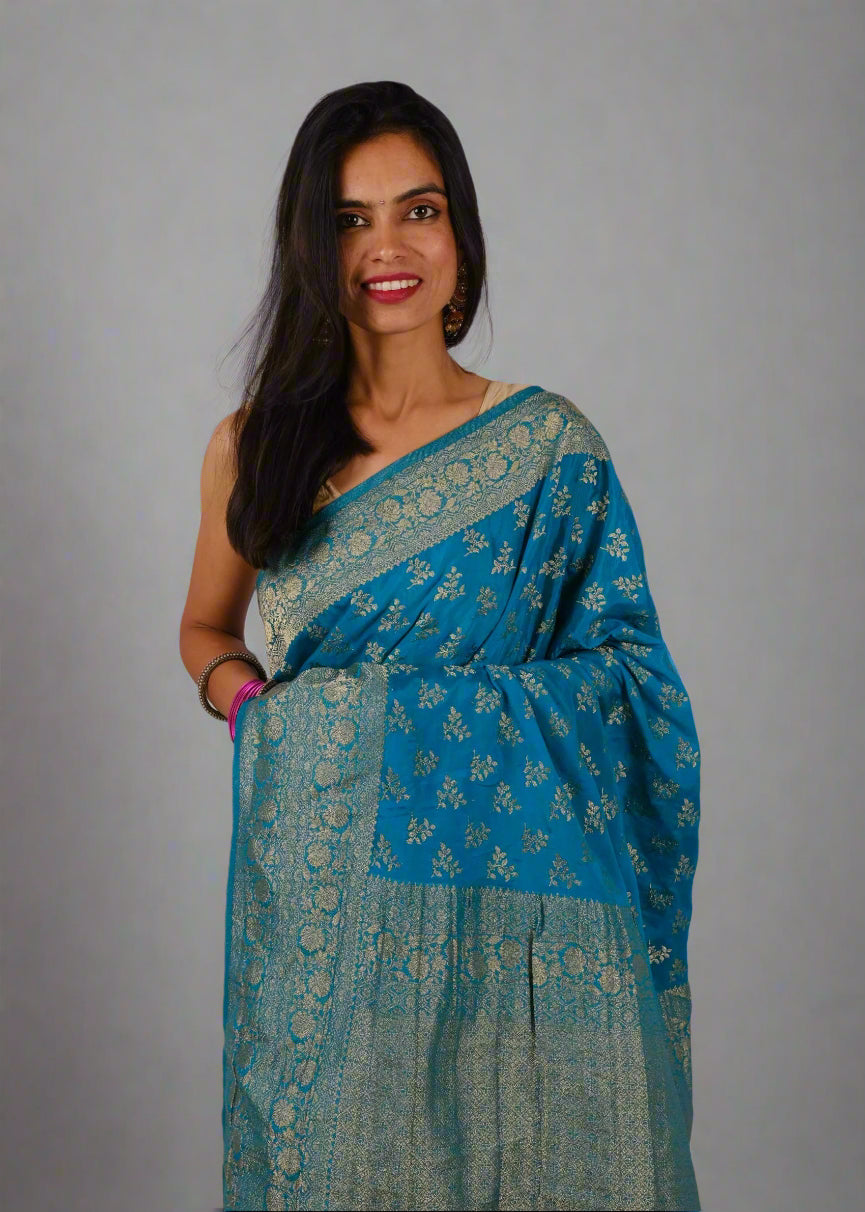Royal Blue Crushed Georgette - Banarasi Saree