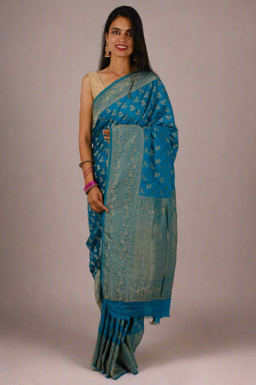 Royal Blue Crushed Georgette - Banarasi Saree