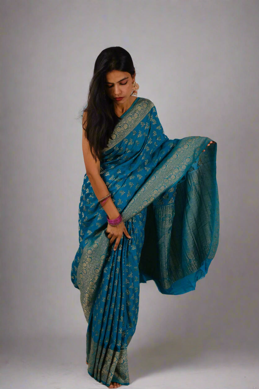 Royal Blue Crushed Georgette - Banarasi Saree