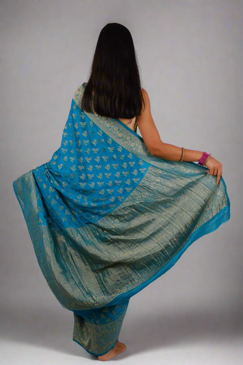 Royal Blue Crushed Georgette - Banarasi Saree