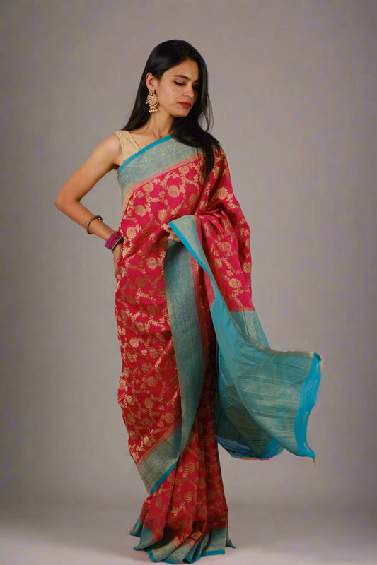 Royal Pink Crushed Georgette - Banarasi Saree