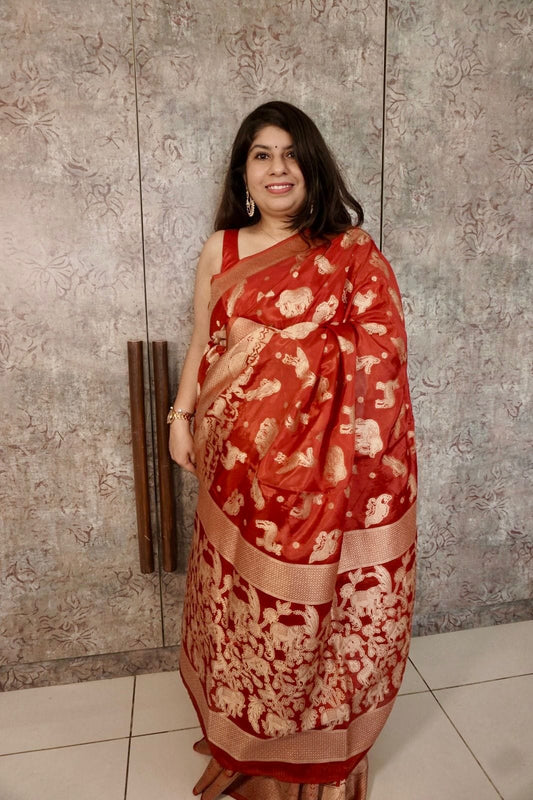Kashi Russian Crepe - Red Animal Motifs saree