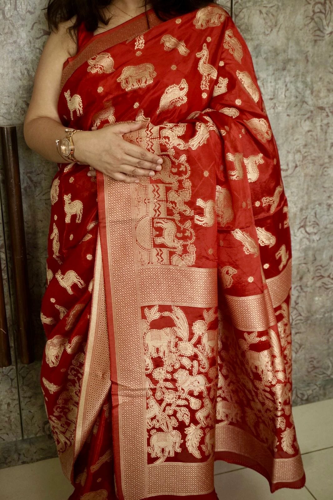 Kashi Russian Crepe - Red Animal Motifs saree