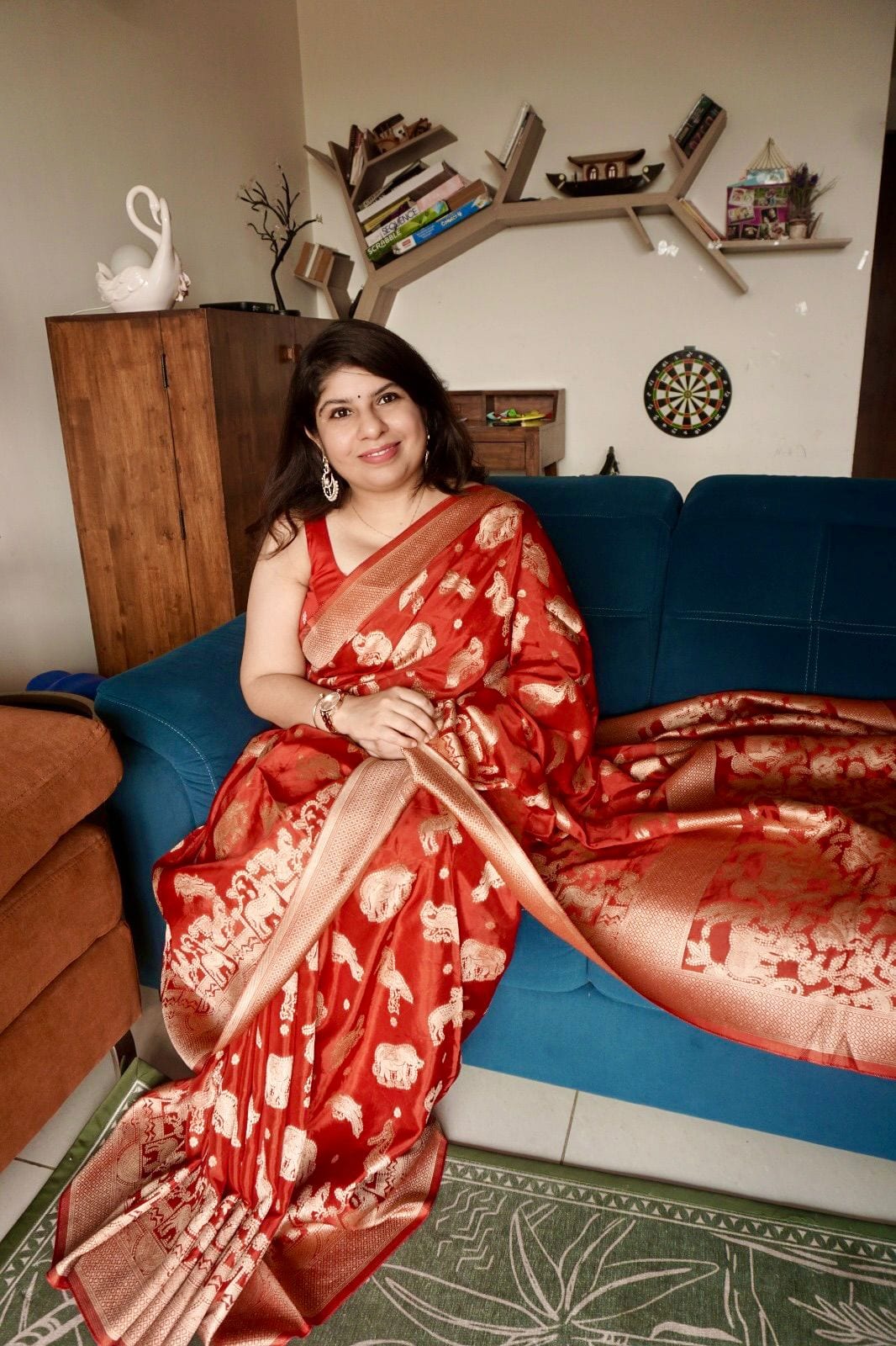 Kashi Russian Crepe - Red Animal Motifs saree