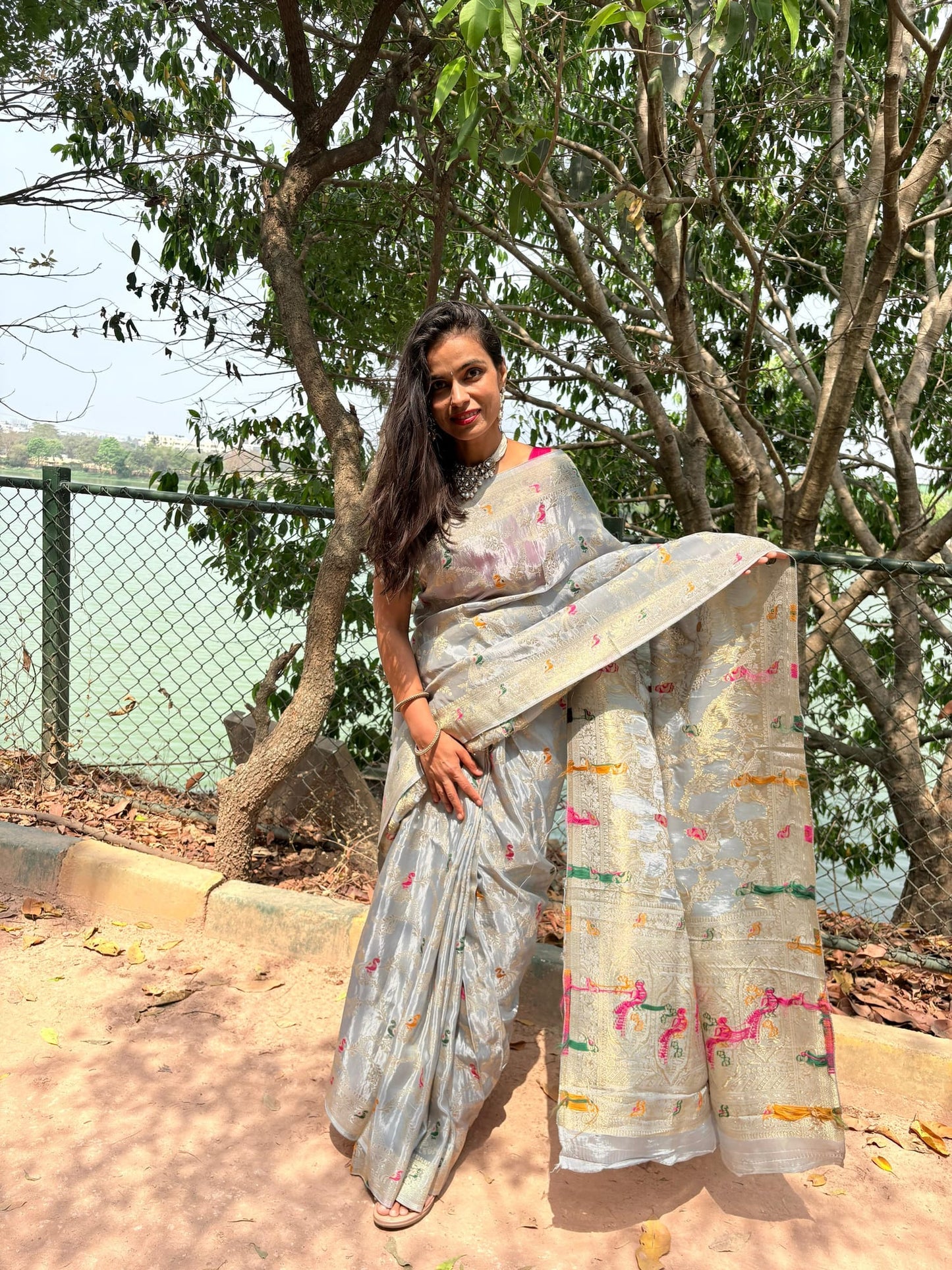 Kashi Crepe- Silver Grey Meenakari Saree