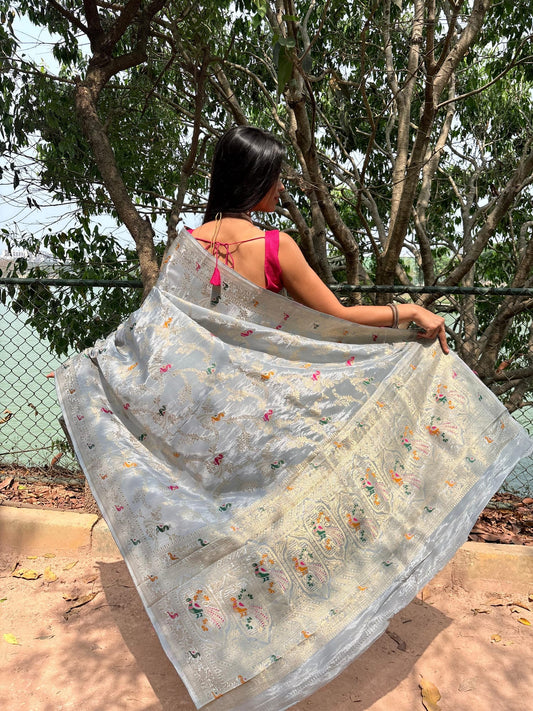 Kashi Crepe- Silver Grey Meenakari Saree