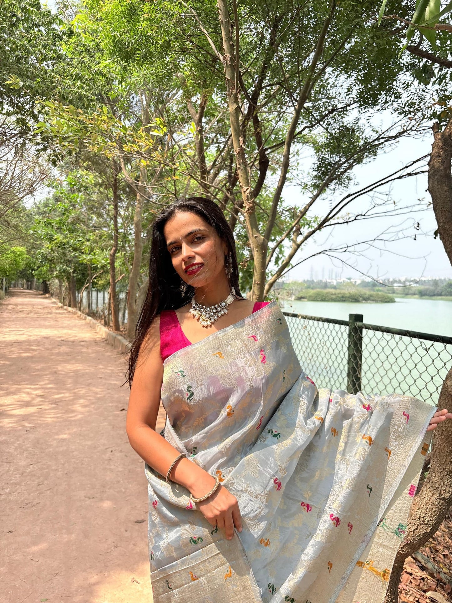 Kashi Crepe- Silver Grey Meenakari Saree