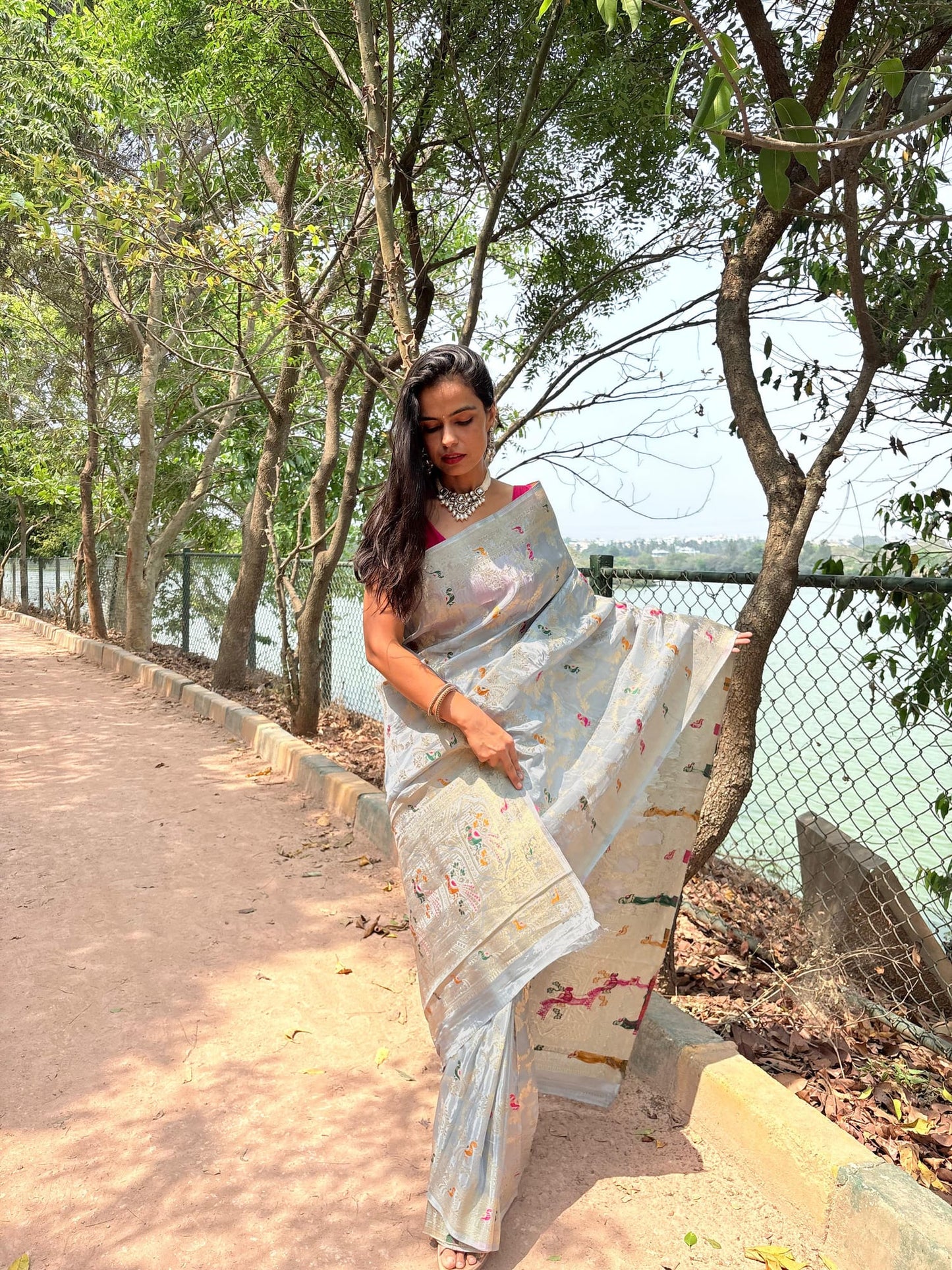 Kashi Crepe- Silver Grey Meenakari Saree