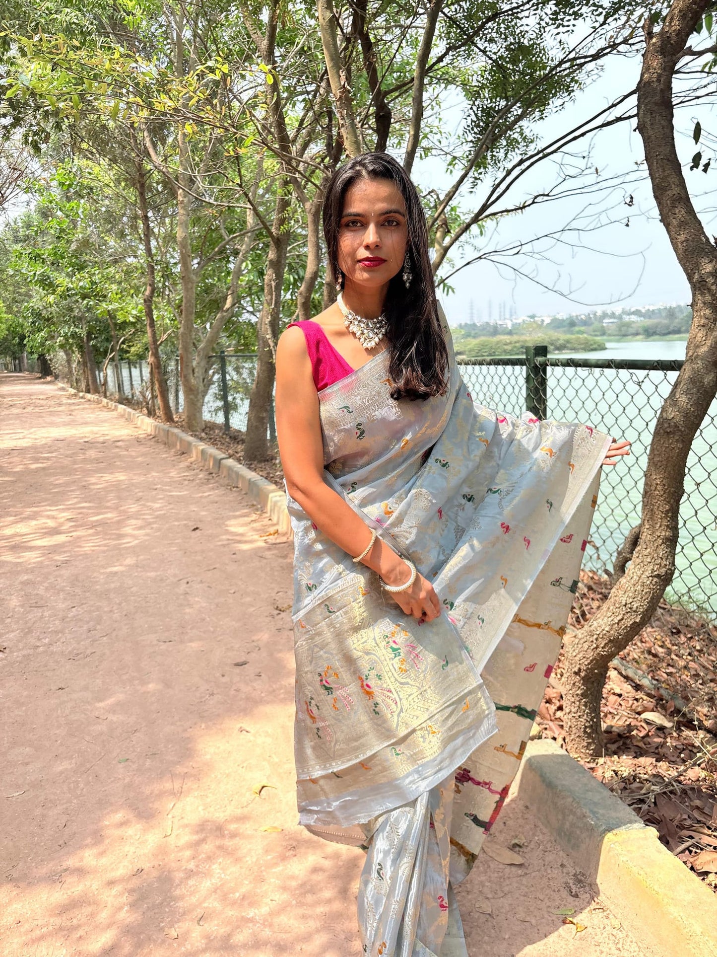 Kashi Crepe- Silver Grey Meenakari Saree