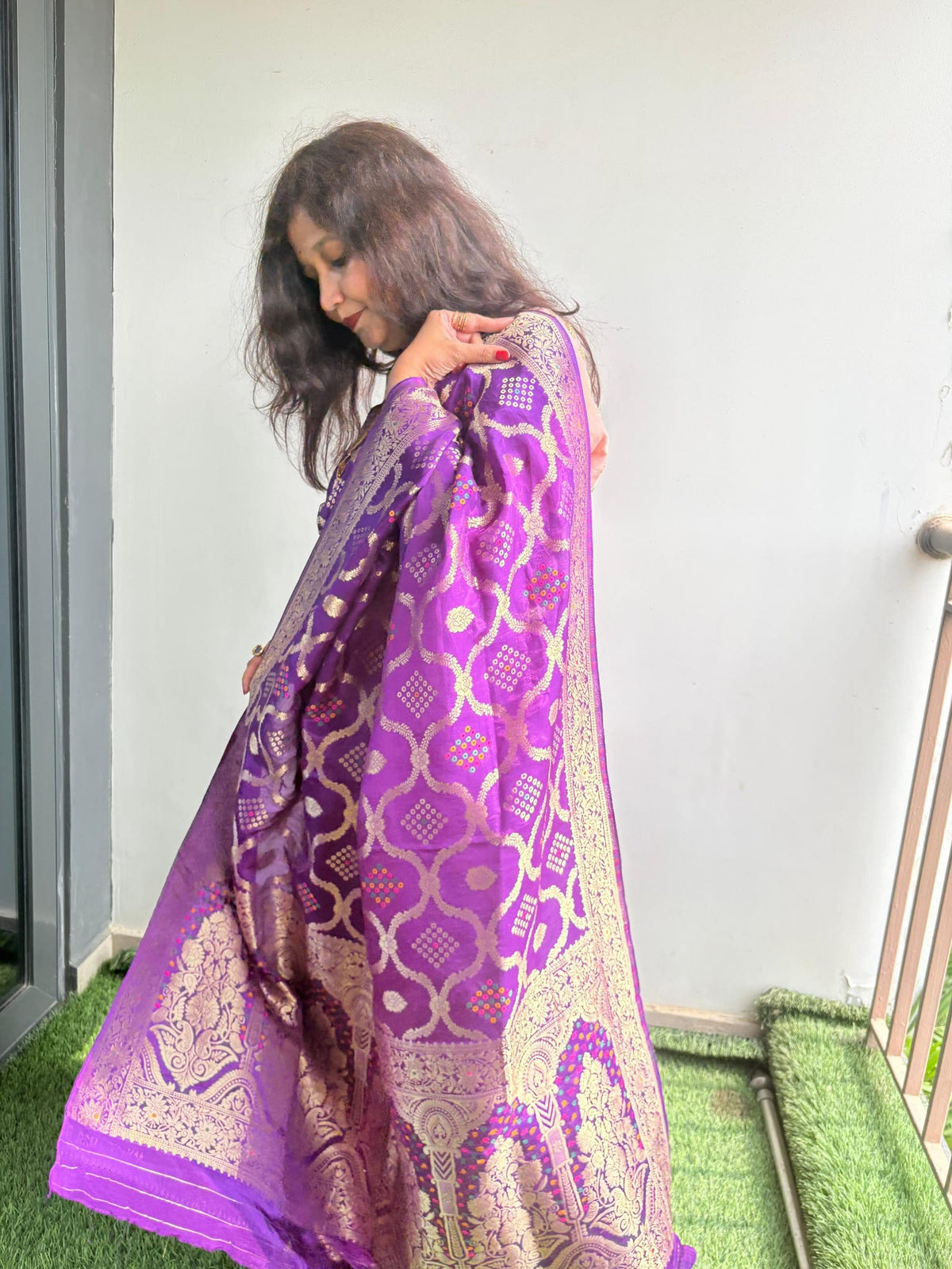 Kashi Crepe - Baingani Bandhej Meenakari Saree