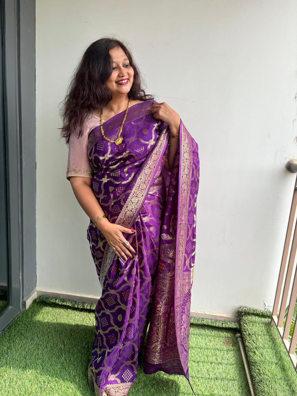 Kashi Crepe - Baingani Bandhej Meenakari Saree