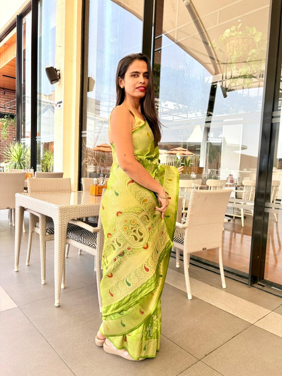 Kashi Mashru Parrot Green - Meenakari motifs