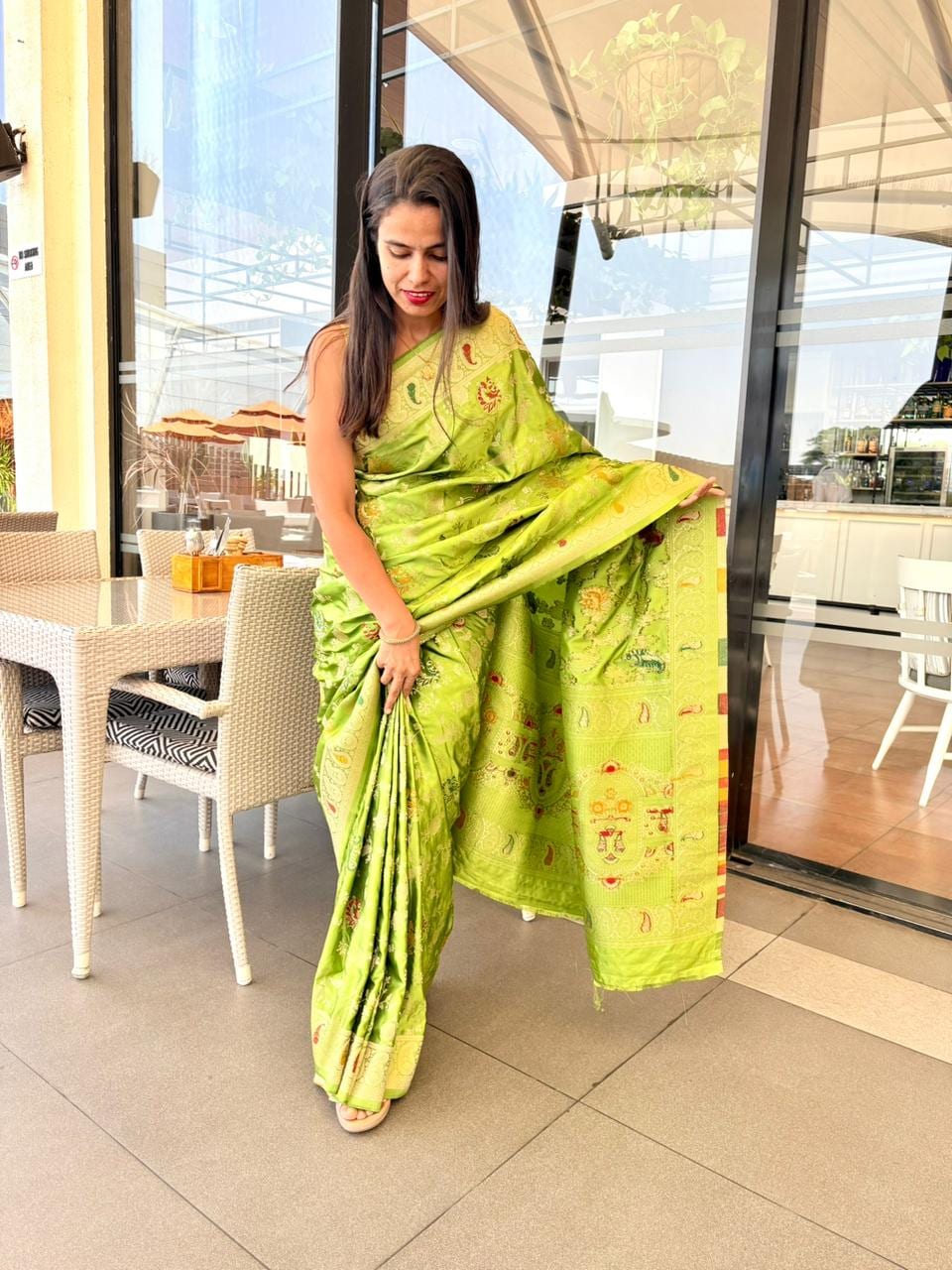 Kashi Mashru Parrot Green - Meenakari motifs