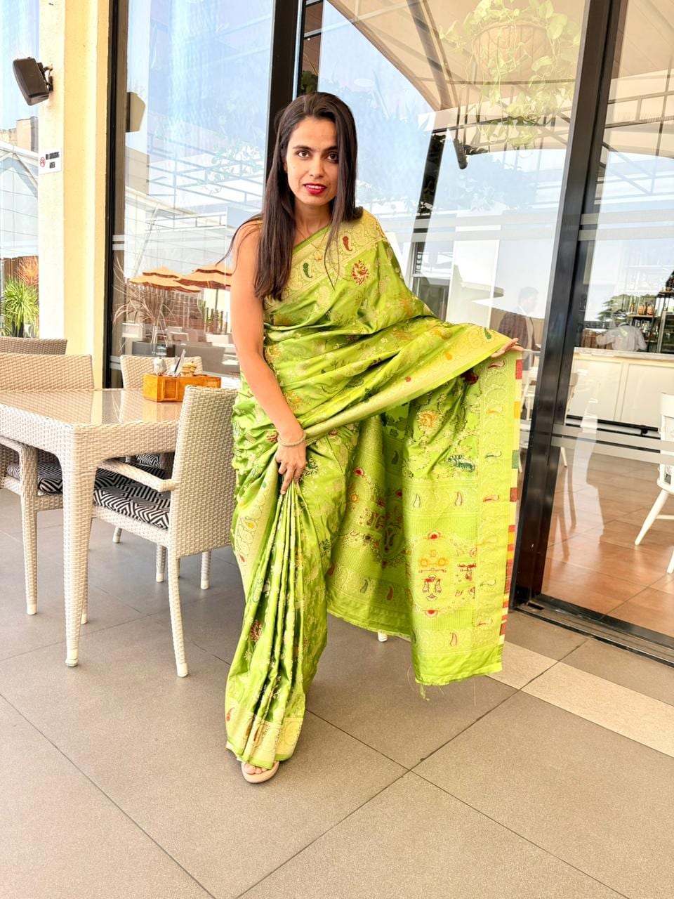 Kashi Mashru Parrot Green - Meenakari motifs