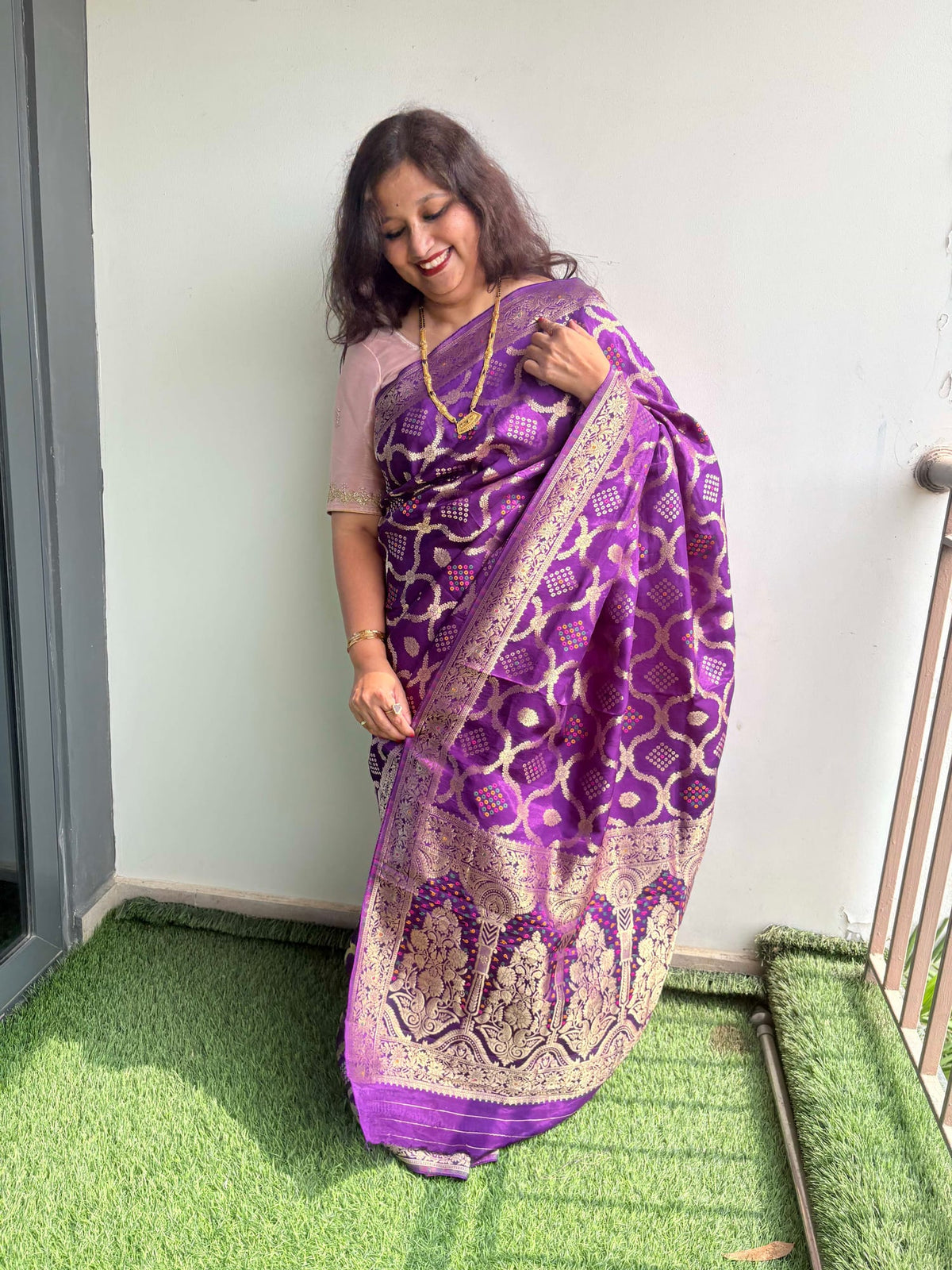 Kashi Crepe - Baingani Bandhej Meenakari Saree