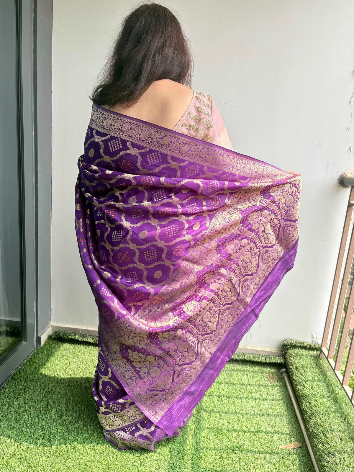 Kashi Crepe - Baingani Bandhej Meenakari Saree