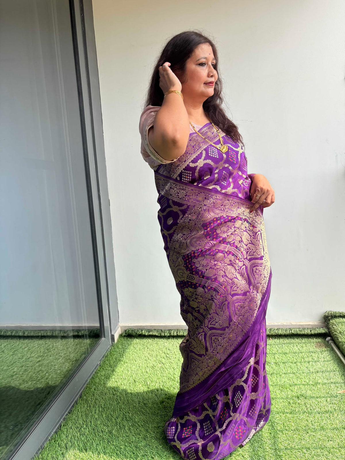 Kashi Crepe - Baingani Bandhej Meenakari Saree