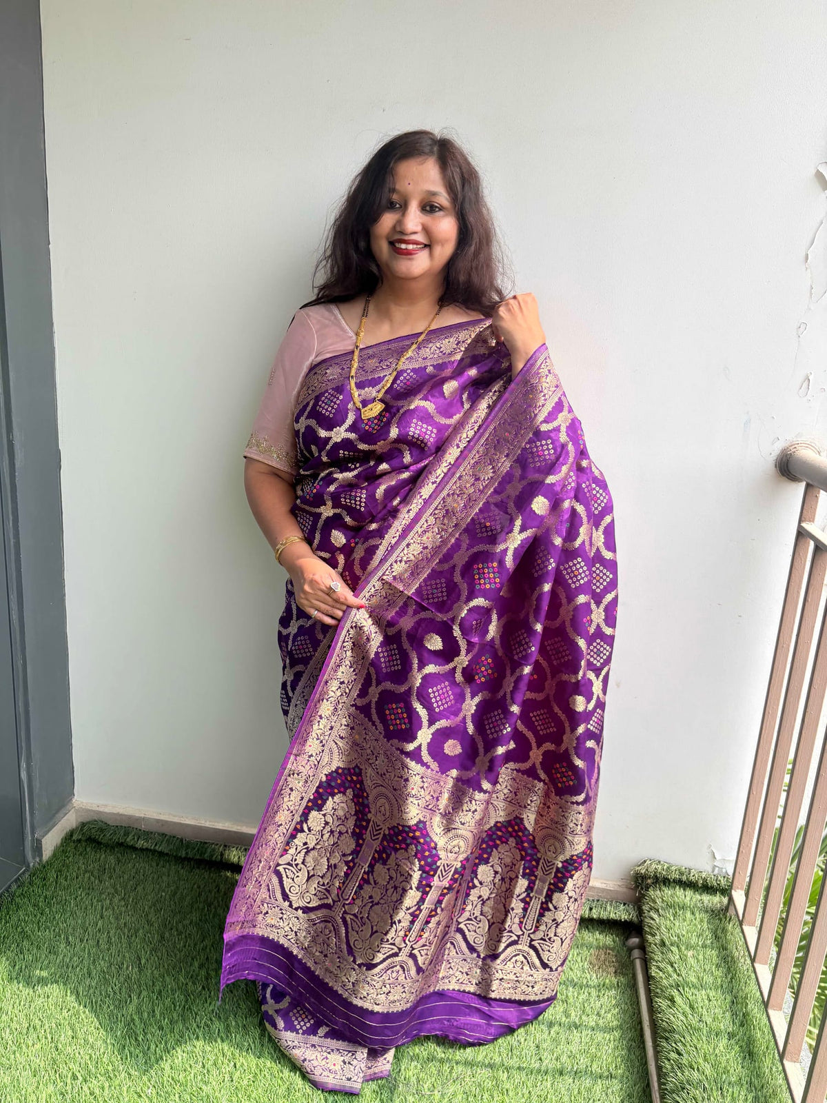Kashi Crepe - Baingani Bandhej Meenakari Saree